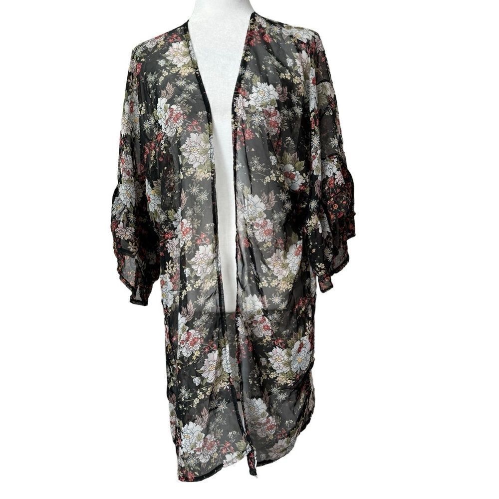 Mudd Black Floral Kimono Sheer Boho Shabby Chic